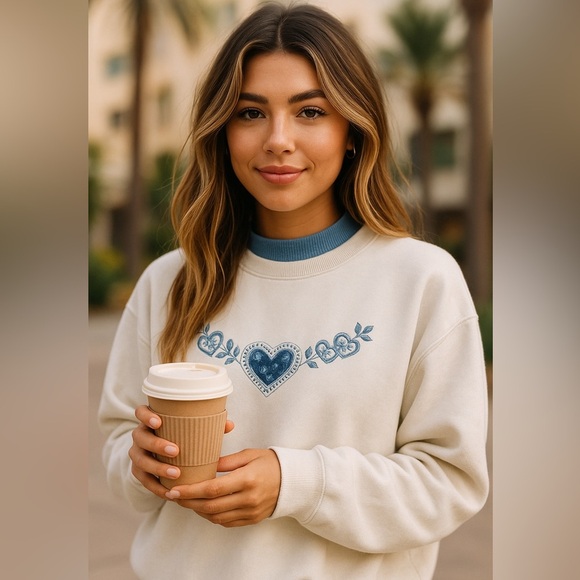 Vintage 90s Cream Sweatshirt with Blue Heart Design double collar crewneck - Picture 3 of 4